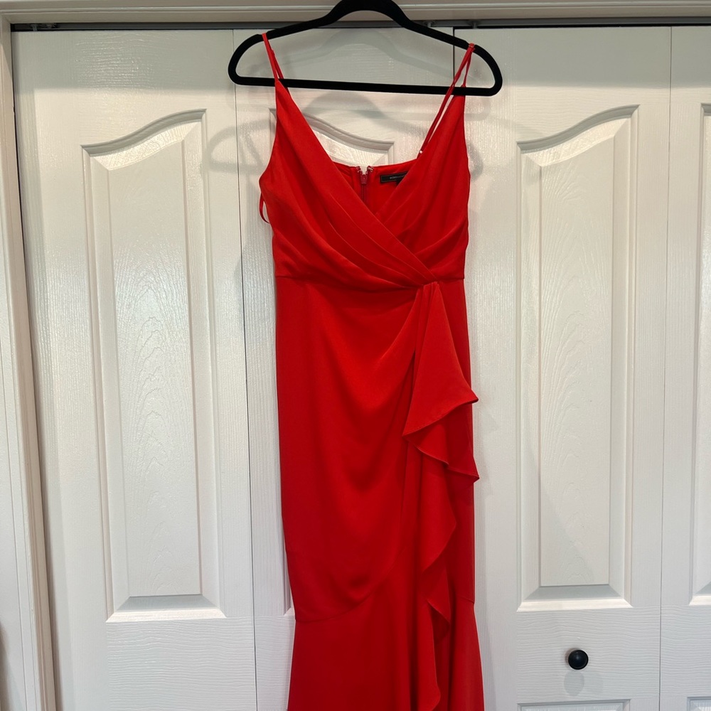 BCBGMaxazria Long Red V-Neck Dress with Ruffle Detail